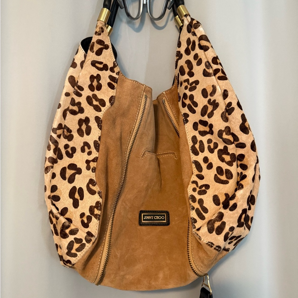 Jimmy Choo Tan and Leopard Print Hobo Bag